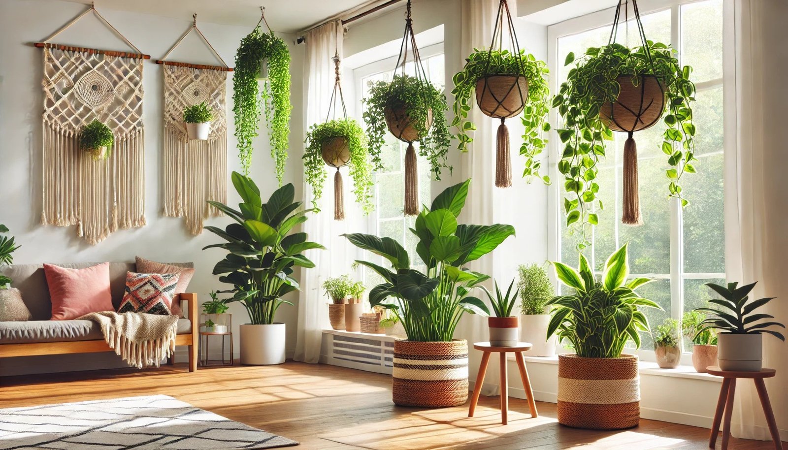 A bright and cozy indoor space featuring only hanging basket plants. The plants include a Pothos and a Spider Plant, each in stylish hanging pots.