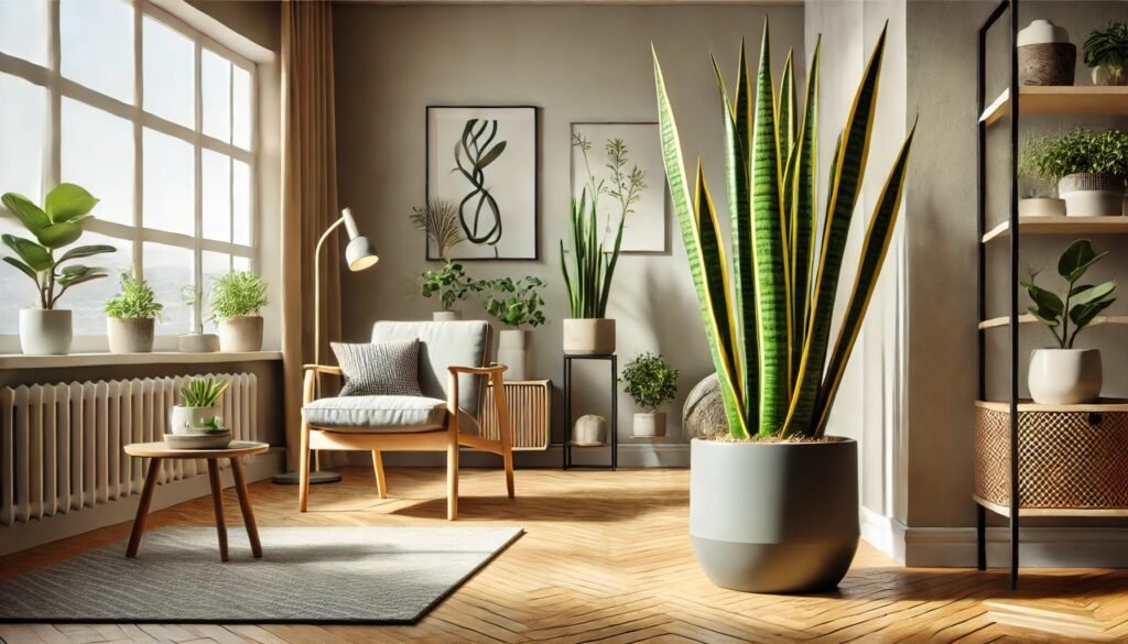 A cozy indoor setting featuring a tall Snake Plant (Sansevieria trifasciata) in a sleek, modern pot.