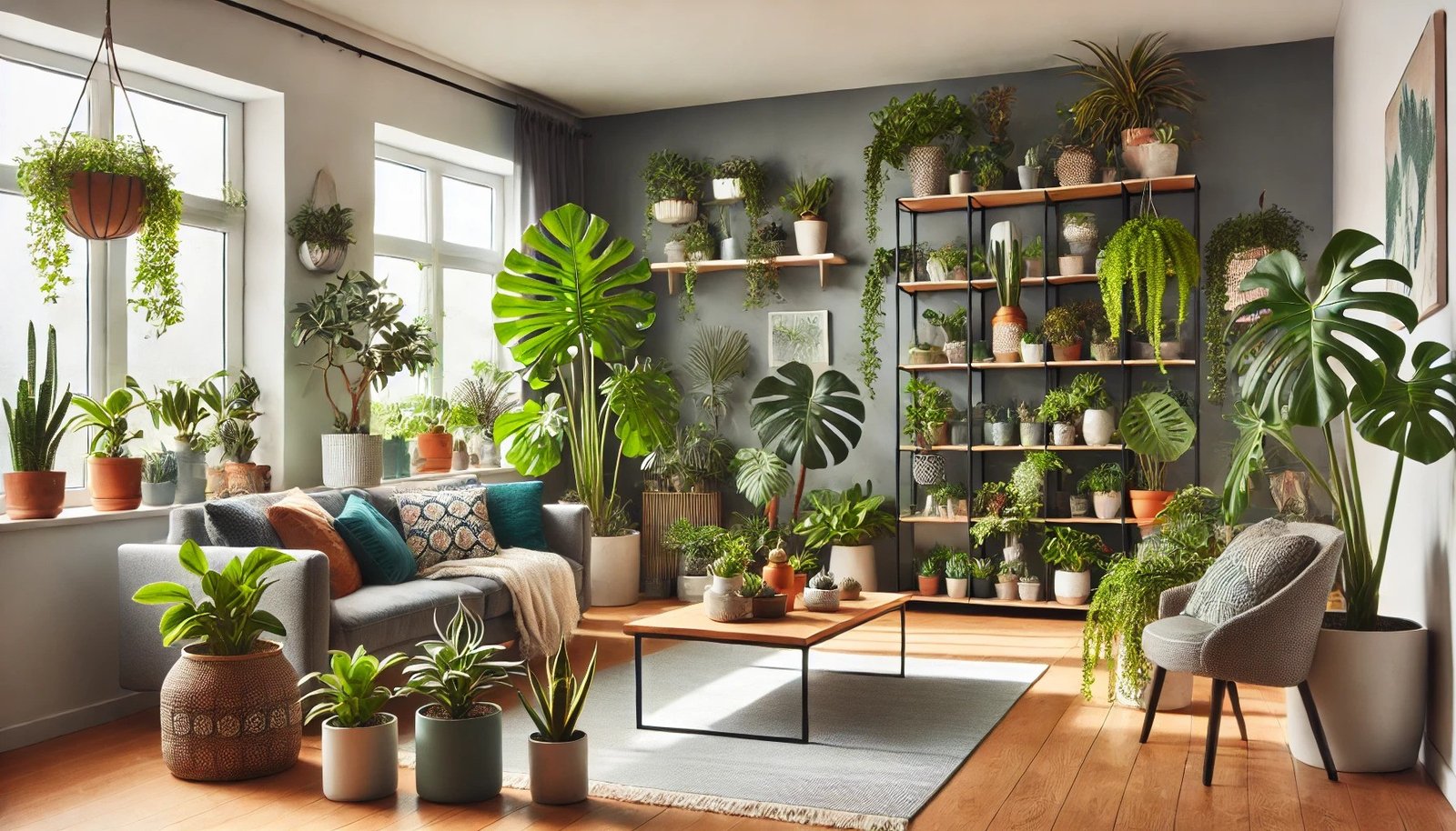 A-modern-living-room-decorated-with-a-variety-of-houseplants.-There are large potted plants like a Monstera and a Fiddle Leaf Fig