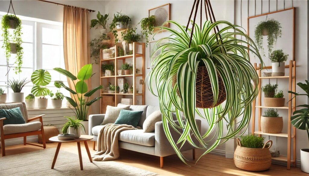 A cozy living room setting featuring a vibrant Spider plant