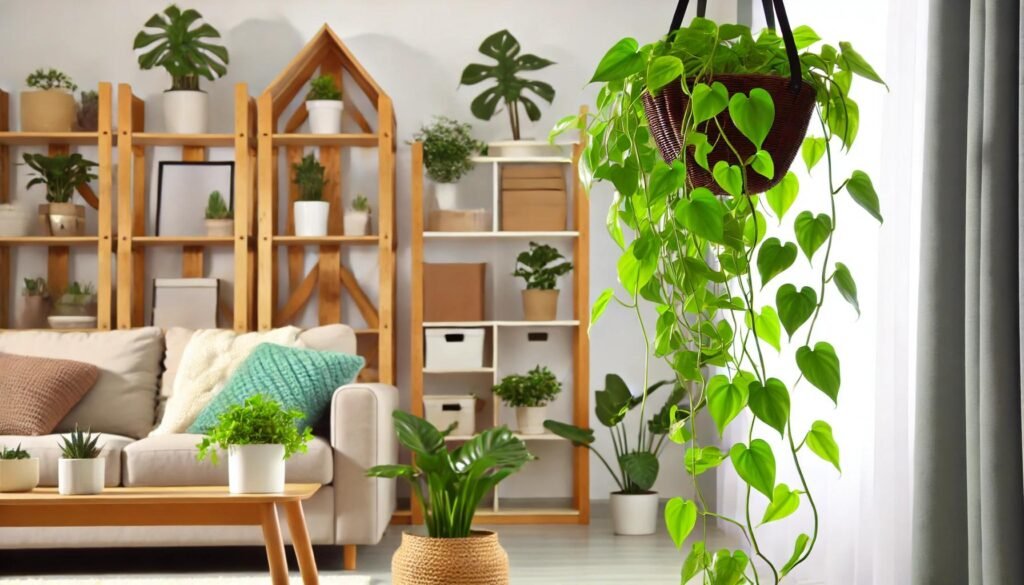 A cozy living room setting with a lush Pothos plant