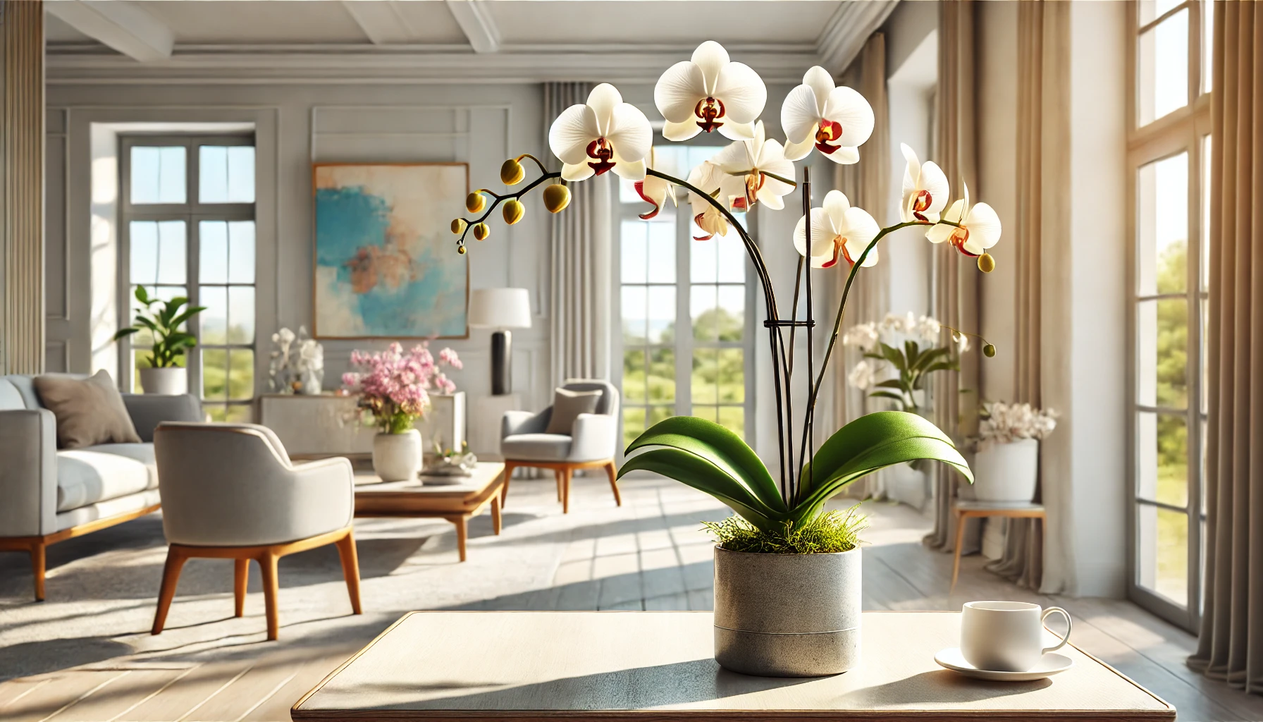 Imagine a vibrant, well-lit room with a large window that allows bright, indirect sunlight to stream in. In the foreground, there's a stunning Moth Orchid (Phalaenopsis) in full bloom, its butterfly-like flowers gracefully arching from a slender, green stem. The orchid is planted in a ceramic pot that allows for perfect drainage. The background includes other lush indoor plants, creating a serene and tropical indoor garden atmosphere. The scene conveys elegance, tranquility, and meticulous care.